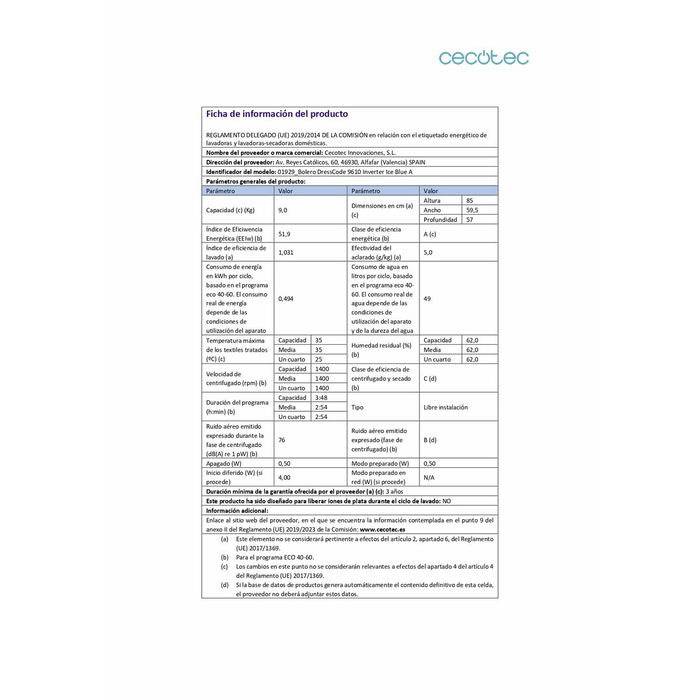 Machine à laver Cecotec Bolero DressCode 9610 1400 rpm 9 L