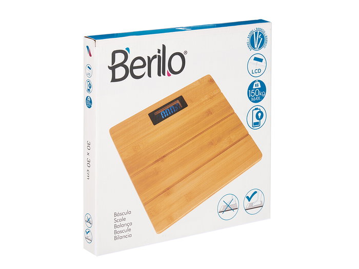 Berilo Balance digitale en bambou 30x30 cm, capacité max 150 kg, écran LED (Set de 6)