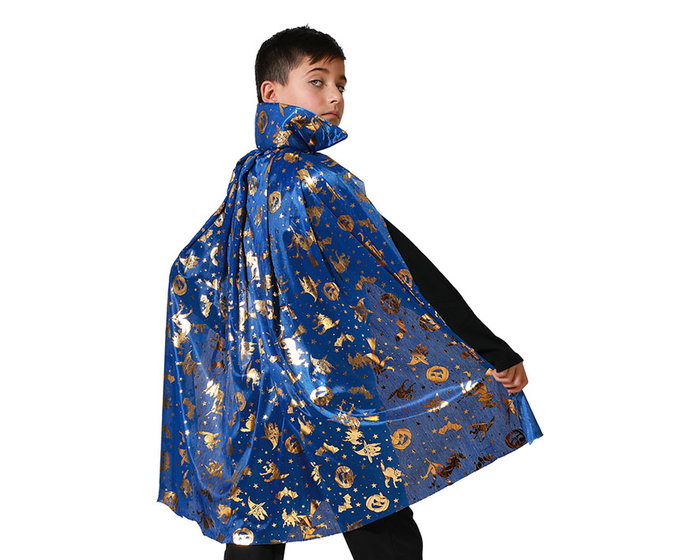 Cape courte bleue avec détails dorés et col montant pour Halloween, 75 cm - Pour costume de sorcier et carnaval Cape courte bleue avec détails dorés et col montant pour Halloween, 75 cm - Pour costume de sorcier et carnaval
