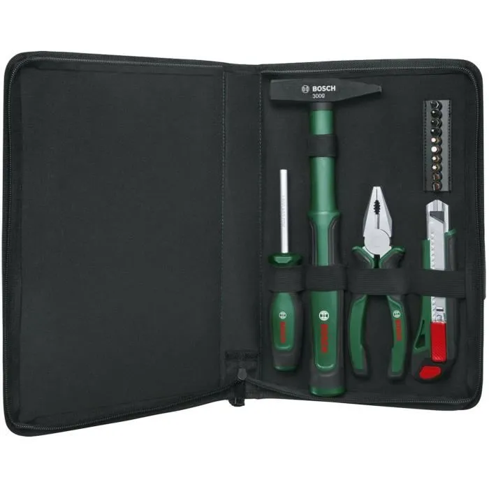 Bosch Set d'outillage à main Easy Starter 14 pièces avec pince universelle, tournevis, cutter, marteau et sac de rangement Bosch Set d'outillage à main Easy Starter 14 pièces avec pince universelle, tournevis, cutter, marteau et sac de rangement