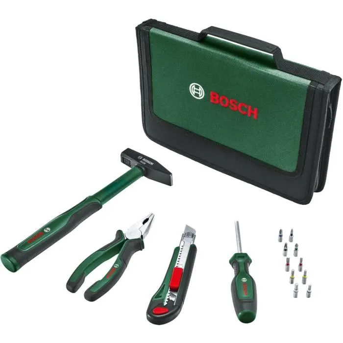 Bosch Set d'outillage à main Easy Starter 14 pièces avec pince universelle, tournevis, cutter, marteau et sac de rangement Bosch Set d'outillage à main Easy Starter 14 pièces avec pince universelle, tournevis, cutter, marteau et sac de rangement