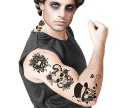 Tatouages temporaires noir et blanc avec crânes, fleurs et chapeaux