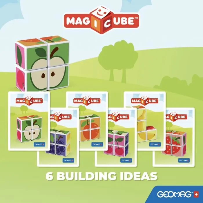 Geomag MAGICUBE Fruits - Set de construction magnétique avec 4 cubes, 131 pièces et cartes modèles - STEM - Pour apprentissage par le jeu