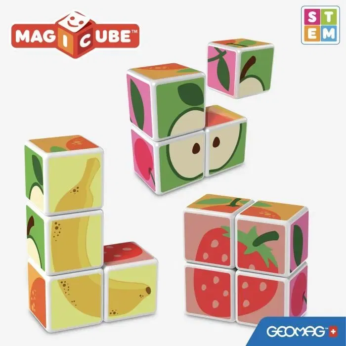 Geomag MAGICUBE Fruits - Set de construction magnétique avec 4 cubes, 131 pièces et cartes modèles - STEM - Pour apprentissage par le jeu