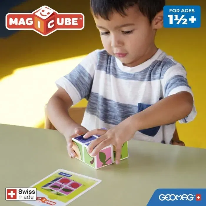 Geomag MAGICUBE Fruits - Set de construction magnétique avec 4 cubes, 131 pièces et cartes modèles - STEM - Pour apprentissage par le jeu