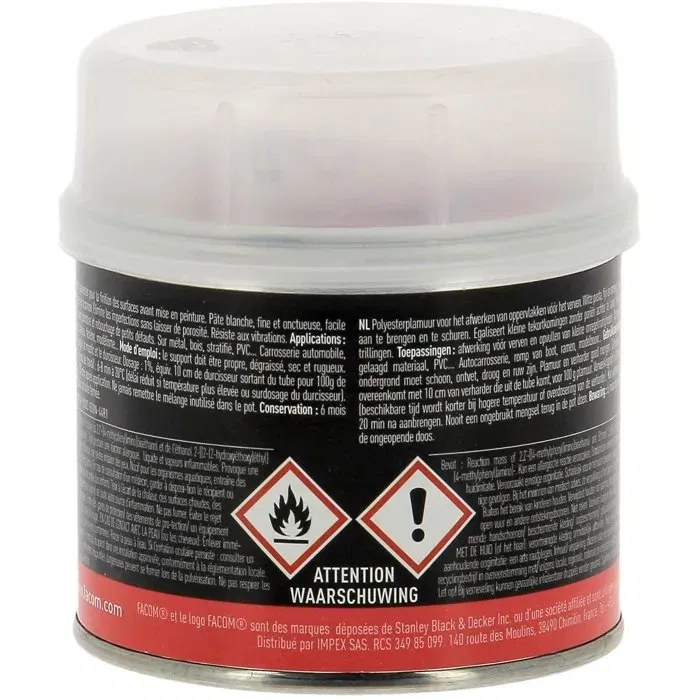 Facom Mastic polyester de finition pour carrosserie et réparation sur métal, bois, stratifiés, PVC - 250g - Facile à appliquer et à poncer, gris clair