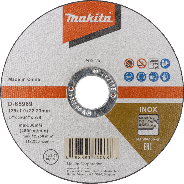 Makita D-65969-12 Lot de 12 disques de coupe INOX 125x1,2mm Makita D-65969-12 Lot de 12 disques de coupe INOX 125x1,2mm