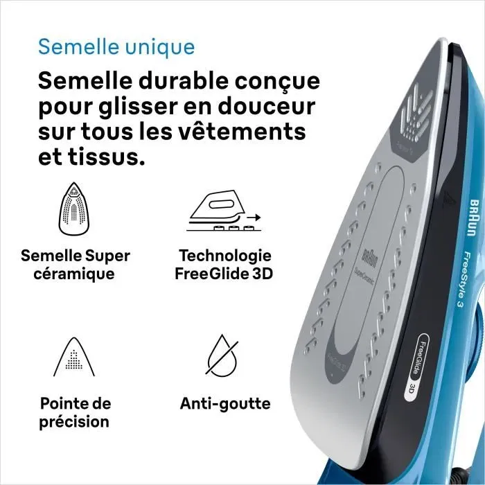 Braun FI3194BK FreeStyle 3 Fer à repasser vapeur, 2400W, vapeur constante 45g/min, pressing 200g/min, semelle SuperCeramic, FeeGlide 3D, auto-nettoyant