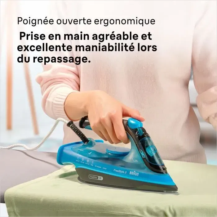Braun FI3194BK FreeStyle 3 Fer à repasser vapeur, 2400W, vapeur constante 45g/min, pressing 200g/min, semelle SuperCeramic, FeeGlide 3D, auto-nettoyant