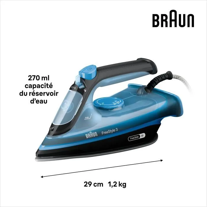 Braun FI3194BK FreeStyle 3 Fer à repasser vapeur, 2400W, vapeur constante 45g/min, pressing 200g/min, semelle SuperCeramic, FeeGlide 3D, auto-nettoyant