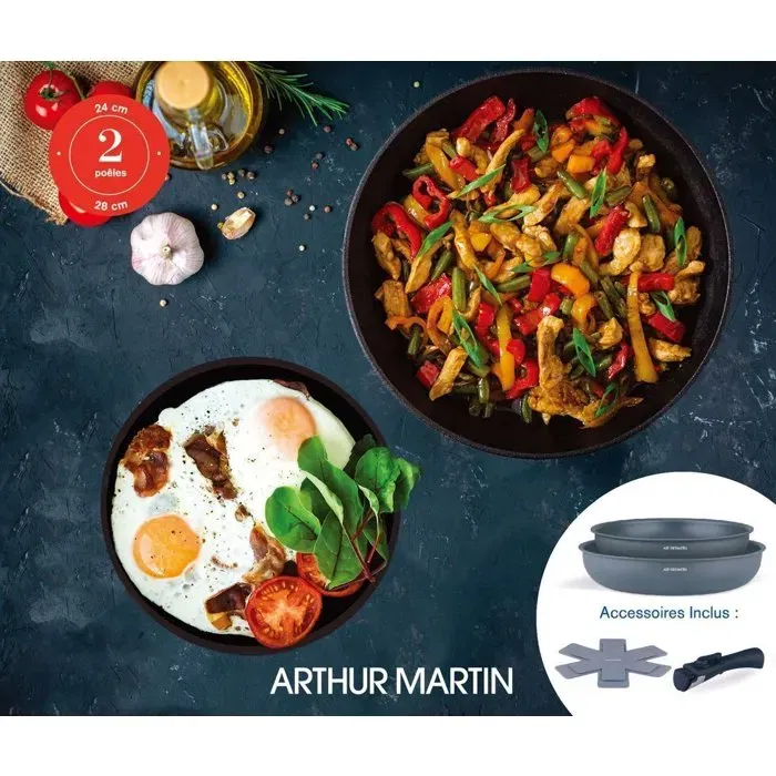 Arthur Martin - AM2977 - Set de 2 poêles anti-adhésif Ø 24 et 28 cm, poignée amovible, compatible tous feux dont induction, gris mat