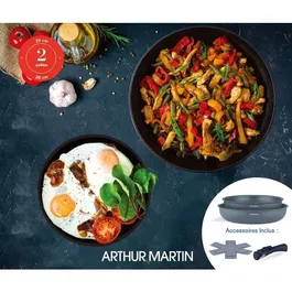 Arthur Martin - AM2977 - Set de 2 poêles anti-adhésif Ø 24 et 28 cm, poignée amovible, compatible tous feux dont induction, gris mat