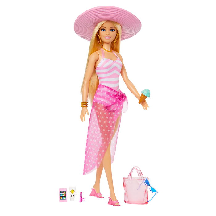 Barbie Beach Day - Poupée blonde en maillot de bain et accessoires de plage
