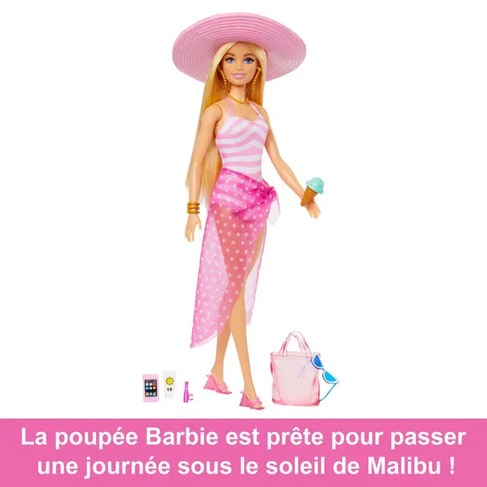 Barbie Poupée Barbie Plage HPL73 - Poupée blonde en maillot de bain rose avec sac et accessoires pour jeu plage