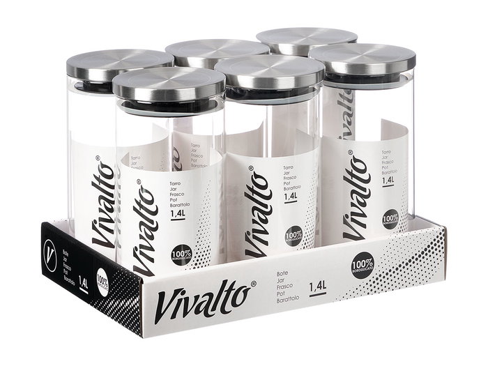 Vivalto Bocal en verre borosilicate 1,4L rond avec couvercle en acier transparent argent 10x21x10cm (Set de 12)