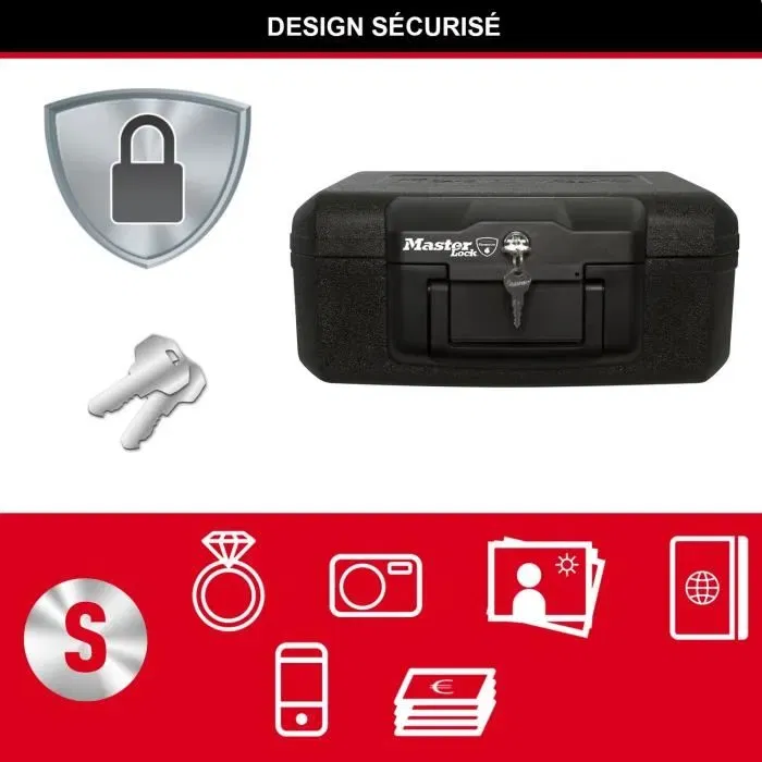 Master Lock L1200 Coffre-fort ignifugé pour documents et supports multimédia, résistance 30 min à 843°C, verrouillage clé, homologué UL/ETL