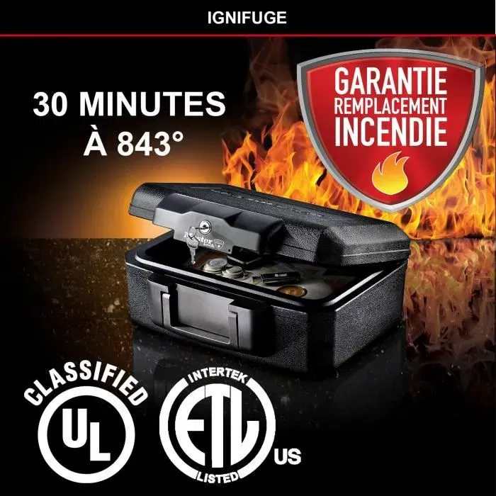 Master Lock L1200 Coffre-fort ignifugé pour documents et supports multimédia, résistance 30 min à 843°C, verrouillage clé, homologué UL/ETL