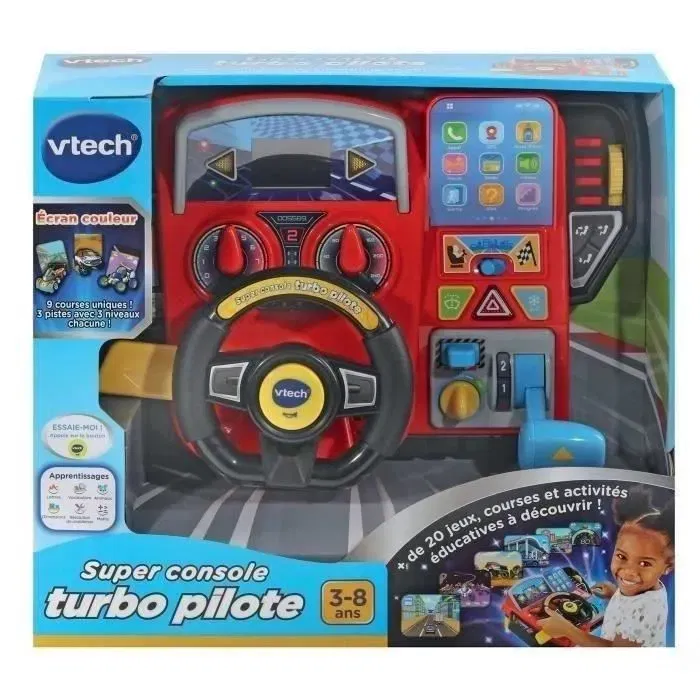 Vtech Simulateur de Conduite Super Console Turbo Pilote - Volant Éducatif avec Écran Couleur et 20 Jeux Inclus - Pour Enfants de 3 à 8 Ans