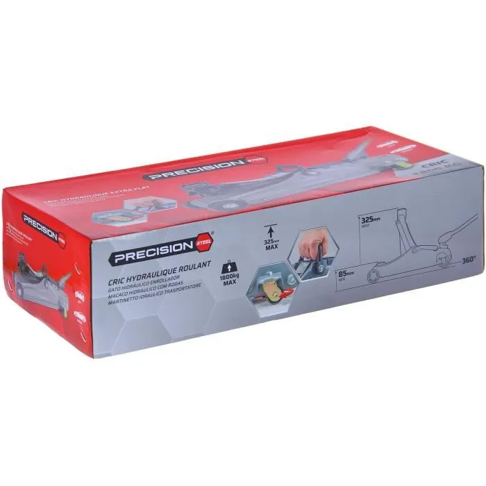 Powertrix Cric Hydraulique Plat Rouleur 1,8 Tonnes - Capacité 1800 kg, Levage 85-325 mm, Semelle Universelle, Deux Roues Pivotantes - Modèle PRECISION STEEL