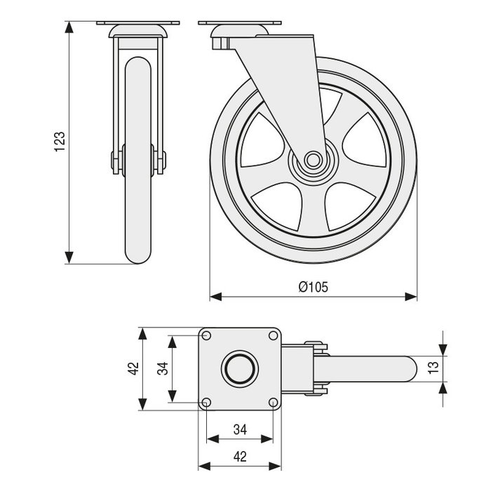 Q&Q Roue Pivotante avec Aro en Caoutchouc D105, Plastique Chrome, Max. 10Kg, Plaque 50x50, H121