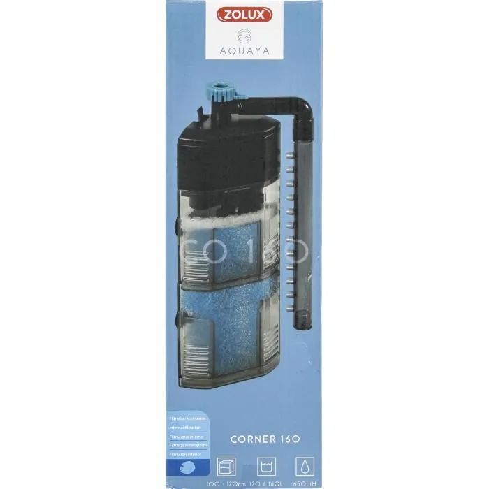 Zolux Corner 160 - Filtre intérieur pour aquarium 120 à 160 L - 12 W - Débit réglable jusqu'à 650 L/H avec buse rotative et filtration Perlon