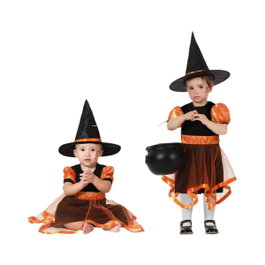 Déguisement de sorcière bébé orange avec chapeau et détails en tulle