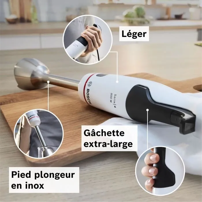 Bosch Mixeur Plongeant MSM4W221 - 600 W - Accessoires: Bol, Mini Hachoir, Fouet - 4 Lames Aiguisées QuattroBlade - Engrenage Céramique