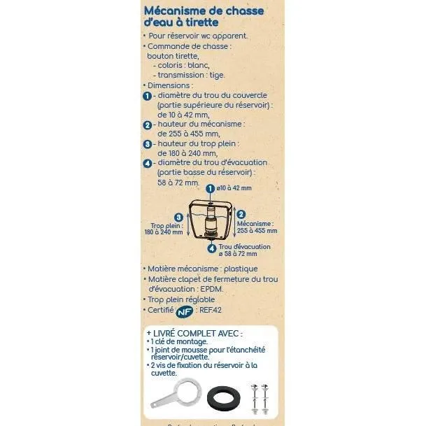 Edouard Rousseau ROUSSEAU - Mécanisme de chasse d'eau à tirette certifié NF - Débit puissant 3,5 L/s - Hauteur réglable 255-455 mm - Pour WC apparents