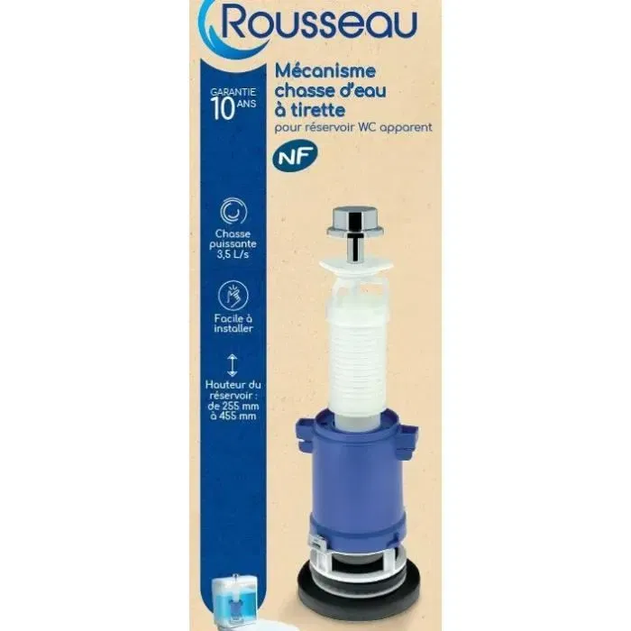Edouard Rousseau ROUSSEAU - Mécanisme de chasse d'eau à tirette certifié NF - Débit puissant 3,5 L/s - Hauteur réglable 255-455 mm - Pour WC apparents