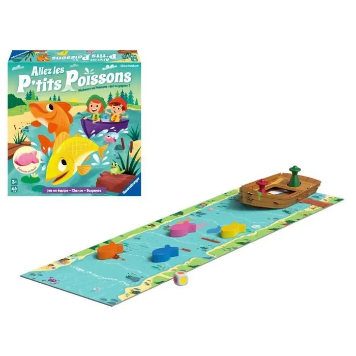 Ravensburger 20991 - Jeu de société 'Allez les P'tits Poissons' pour enfants dès 3 ans - Jeu de course avec bateau à assembler et figurines en bois - Reconnaissance des couleurs