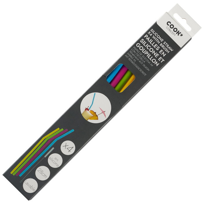 Cook Concept Lot de 4 pailles réutilisables en silicone avec brosse Cook Concept Lot de 4 pailles réutilisables en silicone avec brosse