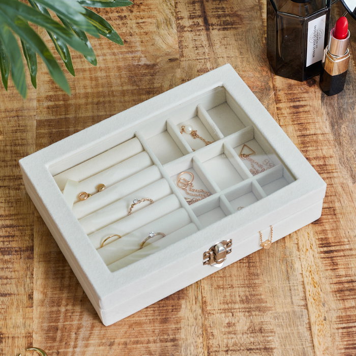 Home Deco Factory Boîte à bijoux en bois blanc avec couvercle en verre