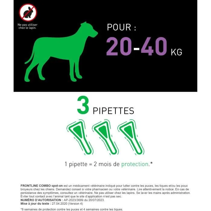 Frontline Combo chien 3 pipettes - Anti-puces et anti-tiques pour chien 20-40kg - Avec fipronil et S-méthoprène pour traiter l'animal et l'habitat