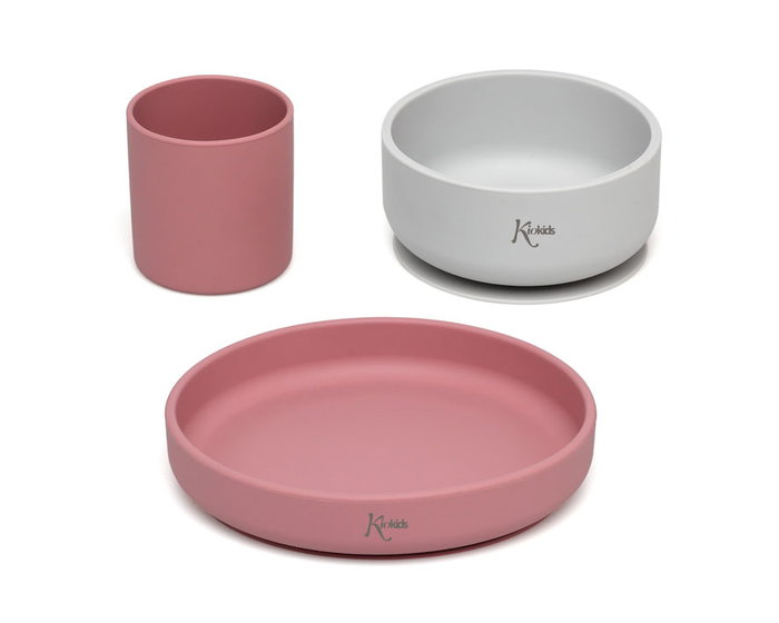 KioKids - Set de Vaisselle Bébé 3 Pièces en Silicone avec Ventouse - Bol, Assiette et Gobelet pour Alimentation BLW (Diversification Menée par l'Enfant), Couleurs Rose et Gris