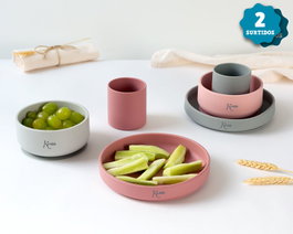 KioKids Set de Vaisselle 3 Pièces en Silicone Rose et Gris