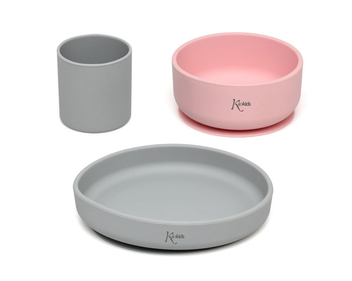 KioKids - Set de Vaisselle Bébé 3 Pièces en Silicone avec Ventouse - Bol, Assiette et Gobelet pour Alimentation BLW (Diversification Menée par l'Enfant), Couleurs Rose et Gris