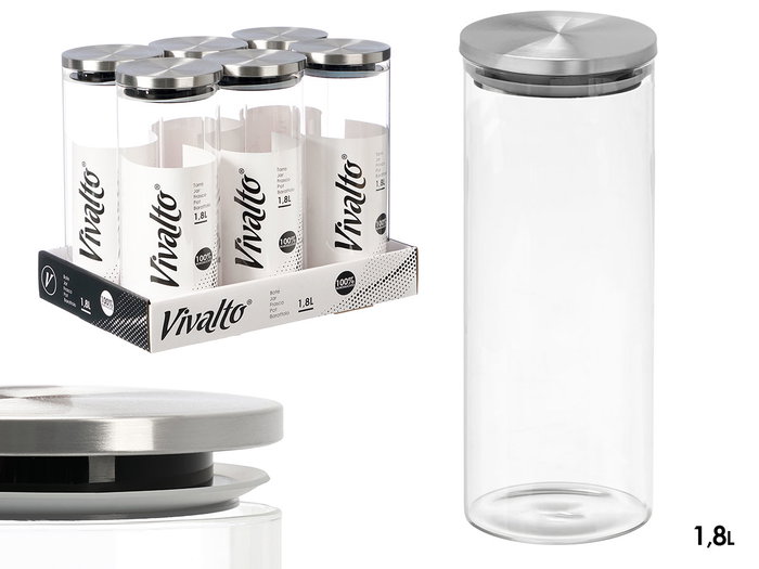 Vivalto Pot en verre borosilicate rond 1,8L avec couvercle en acier 10x26cm (Set de 12)