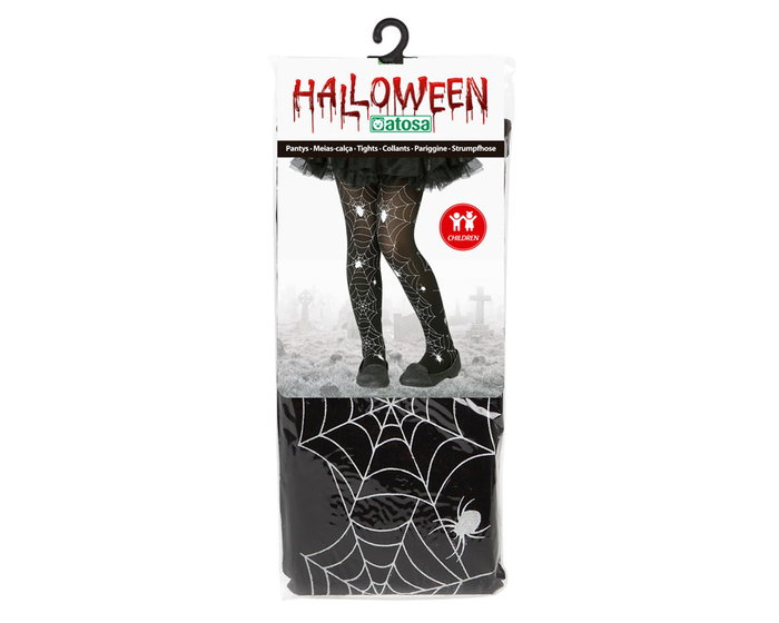 Bas noirs enfant Halloween avec motif araignées et toiles d'araignée blanches - Accessoire de déguisement pour fille