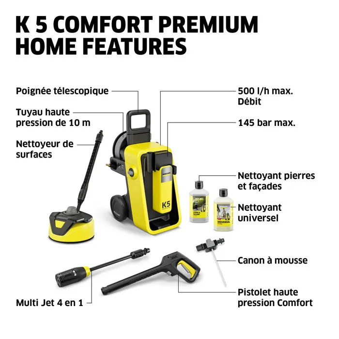 Kärcher K 5 Comfort Premium Home - Nettoyeur haute pression - 2100 W - 145 bar - Débit 500 L/h - avec kit Home
