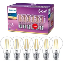 Philips - Pack de 6 ampoules LED E27 transparentes - 60W équivalent - Blanc chaud 2700K - 15000h de durée de vie - Non dimmable