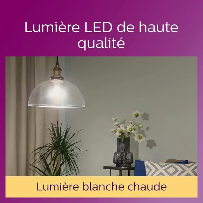 Philips - Pack de 6 ampoules LED E27 transparentes - 60W équivalent - Blanc chaud 2700K - 15000h de durée de vie - Non dimmable