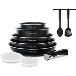 Arthur Martin Batterie de cuisine 10 pièces en aluminium, 3 poêles (20-22-26 cm), 2 casseroles (16-18 cm), 2 couvercles, 2 ustensiles, pour tous feux sauf induction - Noir