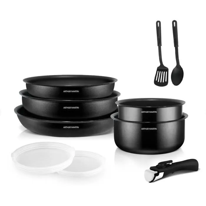 Arthur Martin Batterie de cuisine 10 pièces en aluminium, 3 poêles (20-22-26 cm), 2 casseroles (16-18 cm), 2 couvercles, 2 ustensiles, pour tous feux sauf induction - Noir