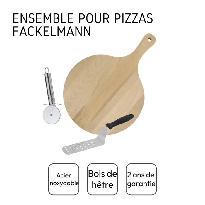 Fackelmann - Ensemble de 3 ustensiles pour pizza avec planche en bois, pelle et roulette coupe-pizza - Diamètre planche 30 cm