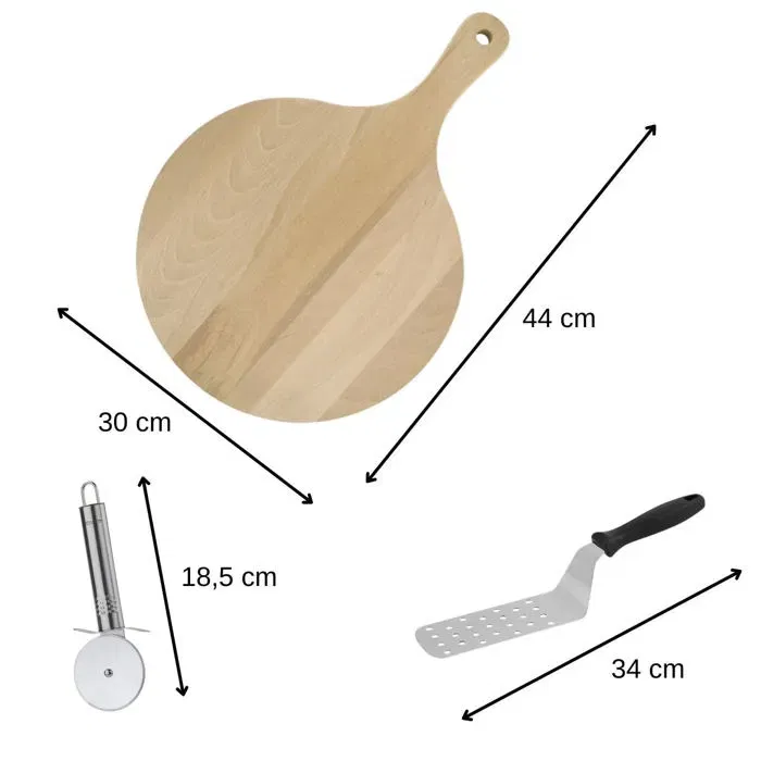 Fackelmann - Ensemble de 3 ustensiles pour pizza avec planche en bois, pelle et roulette coupe-pizza - Diamètre planche 30 cm