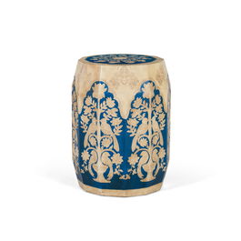 GINER Y COLOMER - Tabouret en bois de manguier style ethnique peint à la main avec motifs floraux bleus