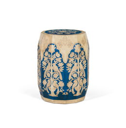 GINER Y COLOMER - Tabouret en bois de manguier style ethnique peint à la main avec motifs floraux bleus