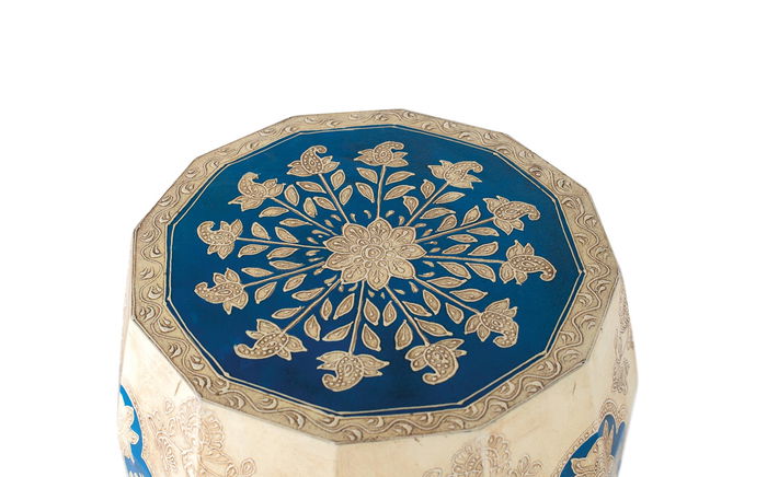 GINER Y COLOMER - Tabouret en bois de manguier style ethnique peint à la main avec motifs floraux bleus