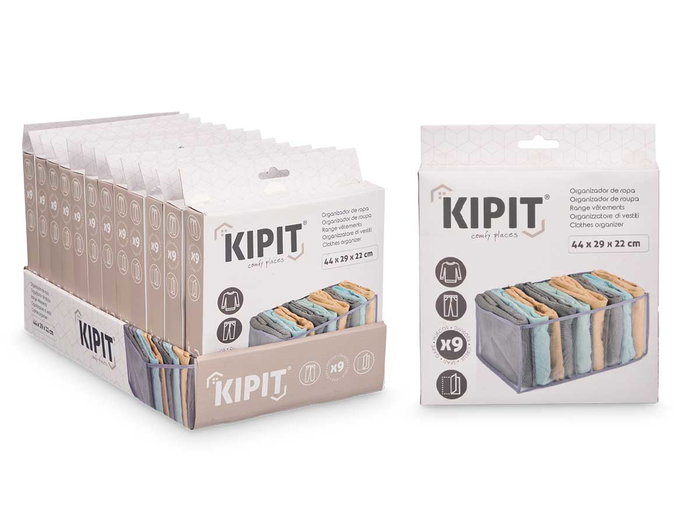 Kipit Organisateur 9 Compartiments pour Sweat Pantalon Tissu Nylon Gris Monté 44x29x20 cm (Set de 24)