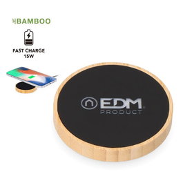 Edm Chargeur sans fil circulaire 15 W Qi bambou Ø6,8 x 1,1 cm avec câble USB-C
